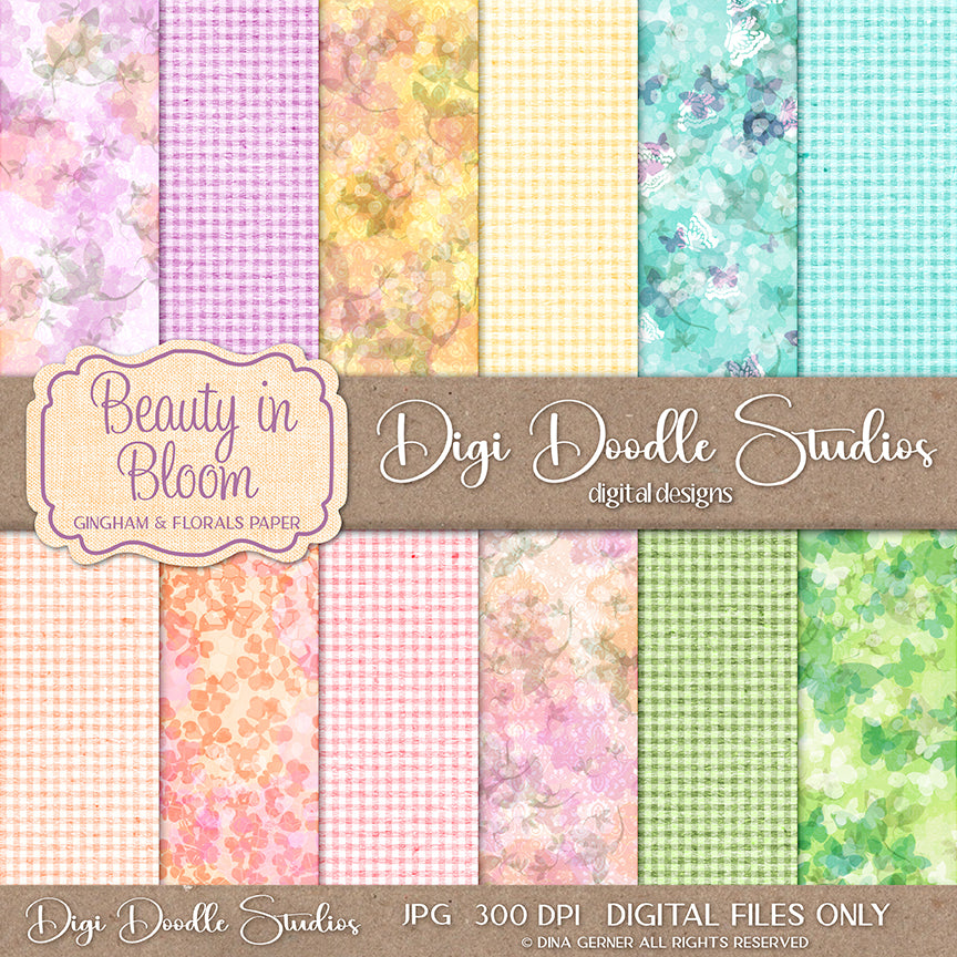 Beauty in Bloom Gingham & Florals 12 x 12 Digital Paper Collection