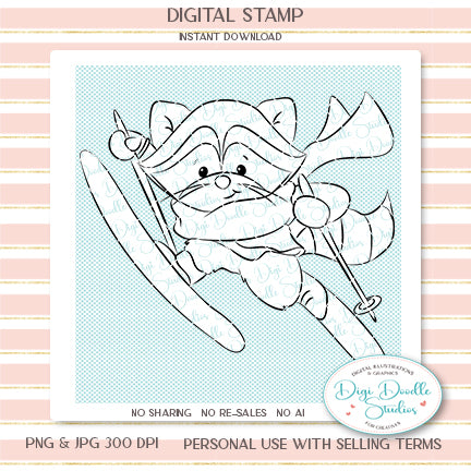 Skiing Bandit Raccoon Digi Stamp