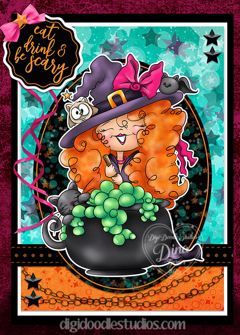 Witch Raven Halloween Digi Stamp