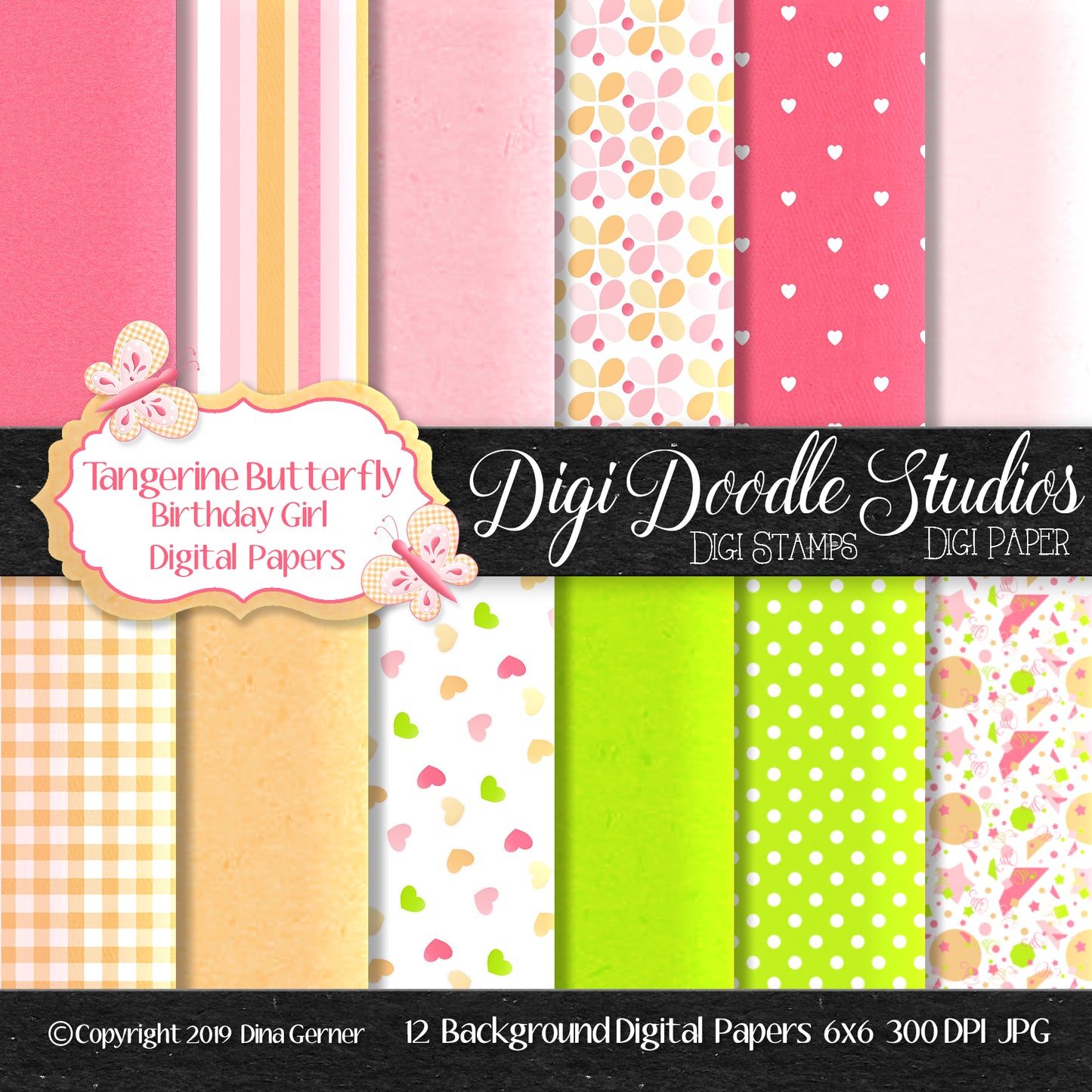 Tangerine Butterfly Birthday Girl 6x6 Digital Background Paper