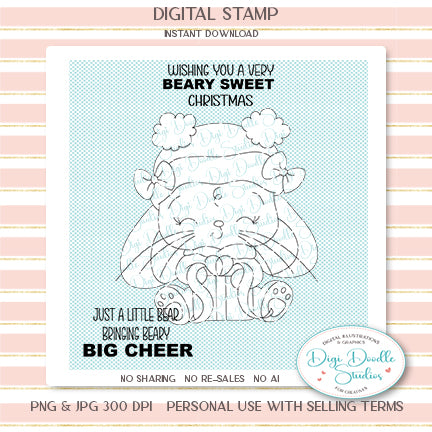 Cherry Peppermint Winter Bunny Digi Stamp