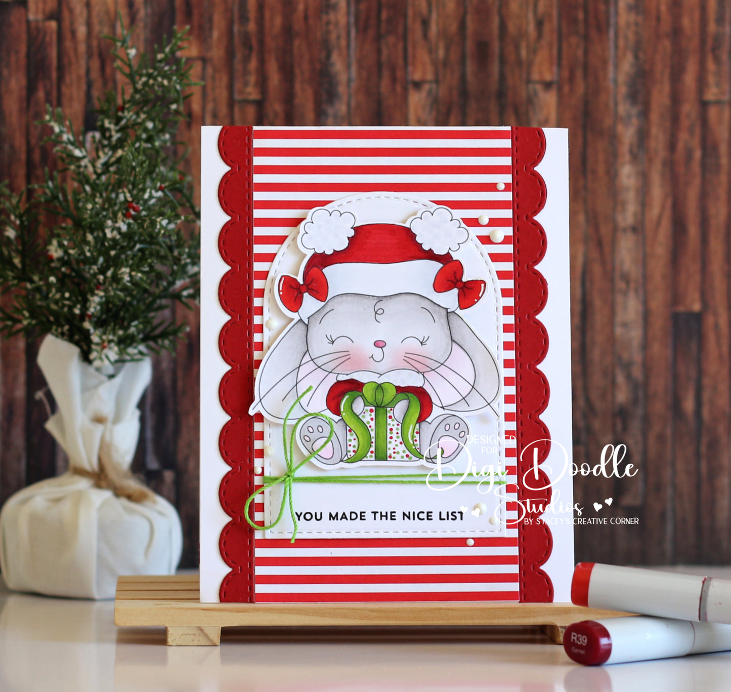 Cherry Peppermint Winter Bunny Digi Stamp