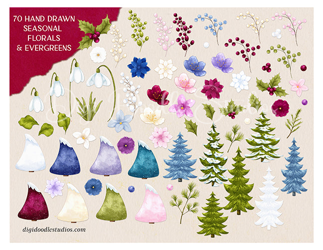 Furry & Bright Whimsical Winter Holiday Critters & Seasonal Florals