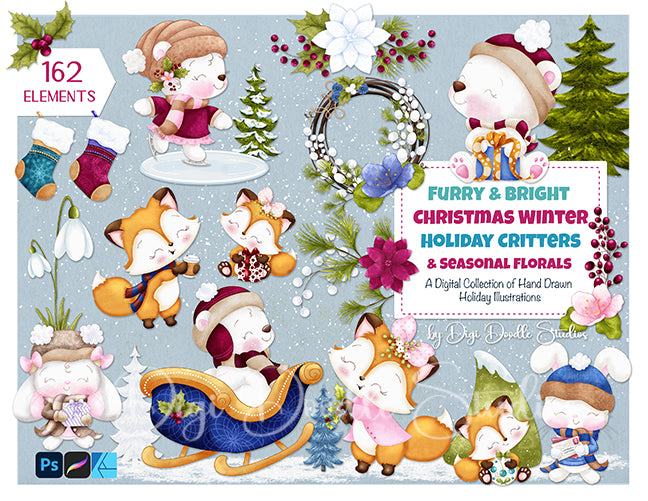 Furry & Bright Whimsical Winter Holiday Critters & Seasonal Florals