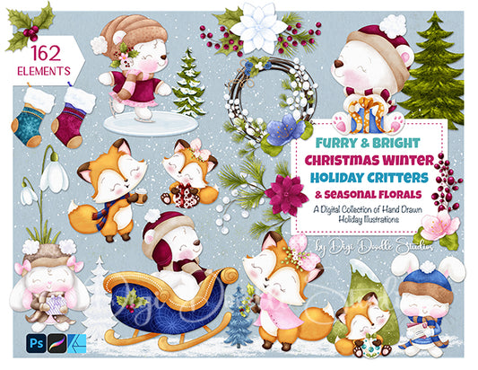 Furry & Bright Whimsical Winter Holiday Critters & Seasonal Florals