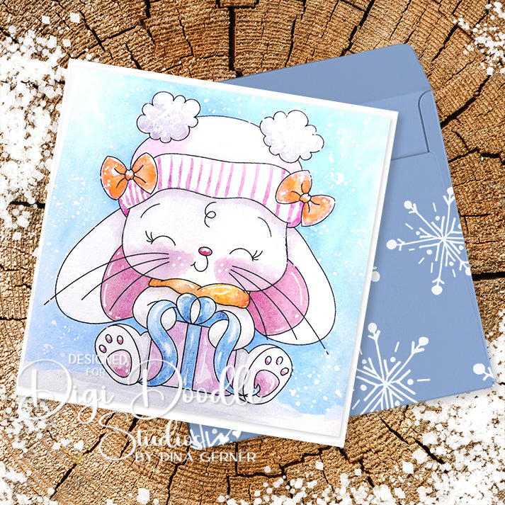 Cherry Peppermint Winter Bunny Digi Stamp