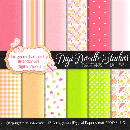 Tangerine Butterfly Birthday Girl 6x6 Digital Background Paper